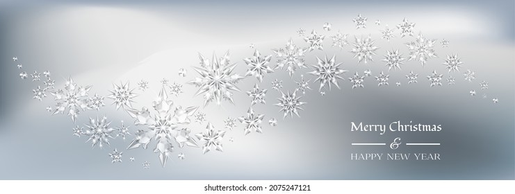 Vector realistic transparent wave of snowy wind with glass snowflakes. Sparkling translucent crystals border