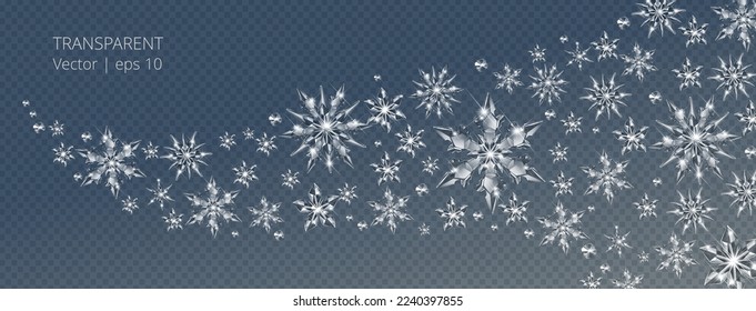 Ola transparente vectorial realista de viento nevado con copos de nieve de vidrio. Espumosos cristales traslúcidos borde con decoración vectorial transparente de copos de nieve navideños transparentes	
