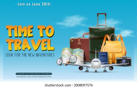 Vector realistic travel concept banner or poster with tourist elements, luggage, map, passport, plane.