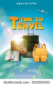 Vector realistic travel concept banner or poster with tourist elements, luggage, map, plane with a globe.