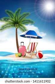 Vector realistic travel and summer beach vacation relax poster design. Island is surrounded, Sea, Beach, Umbrella, Coconut, clouds, ball, luggage, Beach chair
