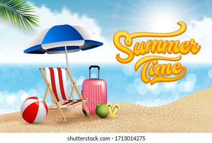 Vector realistic travel and summer beach vacation relax poster design. Island is surrounded, Sea, Beach, Umbrella, Coconut, clouds, ball, luggage, Beach chair
