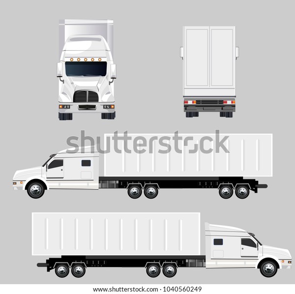 Vector realistic trucks trailers set, front\
view; side view; back view. White\
colors