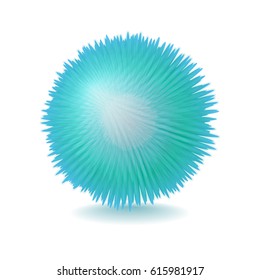 Vector realistic turquoise fluffy sphere. Furry soft round 3d isolated object. Fashion trend pompon style element