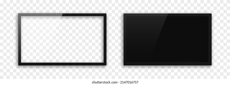 Broma de televisión vectorial realista. PNG TV con pantalla en blanco. Panel de pared con pantalla negra. Resolución de pantalla 2k, 4k, 6k.