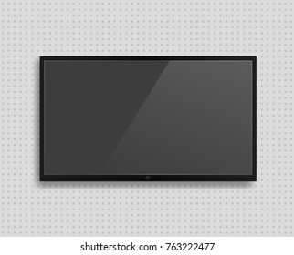 Vector realistic TV screen with shadow template. Modern black blank led, lcd, computer display, monitor. Large plasma television hanging on the wall mockup with light
