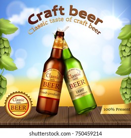 Vector realistic two glass beer bottle brown and green with brand label stand on wooden table with barley ears and hops near the grass field. Poster template for classic craft beer ad package design