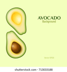 Vector realistic two slices of ripe avocado. One slice with core. Retro color avocado background for your banner flyer design 