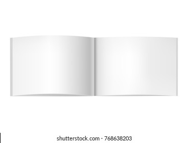 Vector realistic two-pages opened book, journal or magazine mockup. Blank open centre page spread of sketchbook or notebook template for catalog, brochure design.