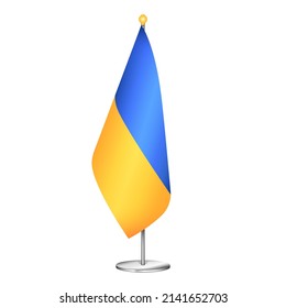 Vektorrealistische ukrainische Fahne auf Fahnenmast, nationales Banner einzeln auf weißem Hintergrund