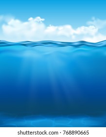 Vector realistic underwater view with clear blue water with sun rays and clouds in the sky