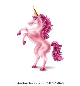 Vector realistic unicorn. Pink reared magic horse with golden horn, fantasy mythical creature with fluffy mane. Kids imagination, fairytale animal