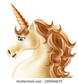 Vector realistic unicorn portrait closeup. Golden magic horse with golden horn, fantasy mythical creature with fluffy mane. Kids imagination, fairytale animal on isolated background