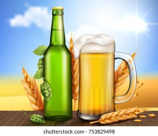 Vector realistic unlabeled glass green bottle and mug with cold foamy light beer stand on a wooden table with ears of barley and cones of hops near the grass field. Poster template for craft beer ad