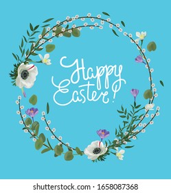 Vector realistic verba (willow, rowan) branches bouquet. Wreath of green branches and fresh spring flowers. Happy easter card.