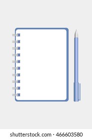 Vector Realistic Vertical Blank Spiral Notebook or Notepad and Pen near It