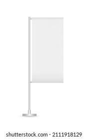 Vector Realistic Vertical Flag, Promo Banner On Stand Steel Pole. Mockup For Advertising And Brand Promotion. Empty Template. Textiles, PVC, Vinyl, Nylon. EPS 10.