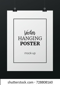 Vector realistic vertical hanging poster mock up for your design or picture on dark background
