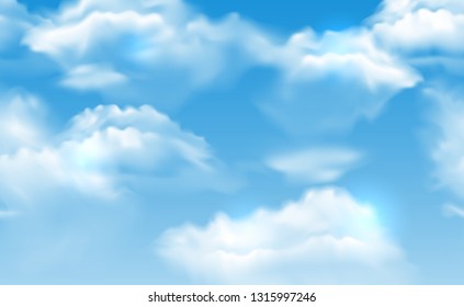 Vector realistic vibrant blue sky with fluffy white clouds seamless banner