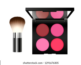 Vector realistic vibrant blusher palette in black container with mirror and brush isolated on white background