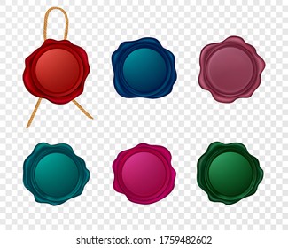 Vector realistic vintage multicolored rubber seals with rope. Retro wax stamps icon set closeup isolated on transparent background. Design template of label for certificate, envelope, document, letter