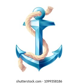 vector realistic vintage sea anchor rope iron icon. Nautical volume metal cartoon sketch. Blue pop art naval logo pattern. Boat symbol maritime design illustration isolated on transparent background