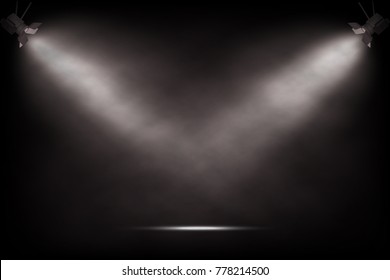 Vector Realistic Vintage Spotlights. Theater Or Show Stage Background.