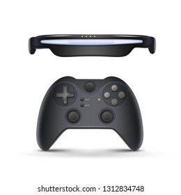 Vector realistic virtual reality gadgets for gaming: vr glasses and game controller front view isolated on white background