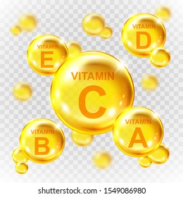 Vector realistic vitamin golden capsules. Nutrition supplement multivitamin complex. Golden round capsules isolated on transparent background.