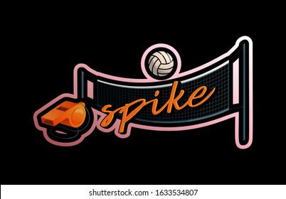 Vector Realistic Volleyball Net whistle and ball sticker illustration for Sport Game, Activity Leisure Isolated on dark Background. Vector illustration of Beach Play Element