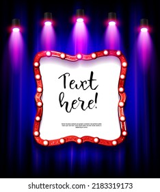 Vector realistic volumetric background on marquee frame lit up with electric bulbs Retro looking presentation design element square frame glowing with lamps
