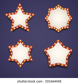 Vector realistic volumetric signs with electric bulbs. Retro looking wall decoration element glowing with lamps 