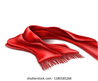 Vector realistic warm winter scarf illustration. 3d christmas, new year holiday symbol, outdoor knitted clothing, accessory. Red wool textured handmade cloth isolated