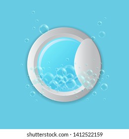 Vector realistic washing-machine door with soup bubbles on blue background. Laundry template. 3D illustration.