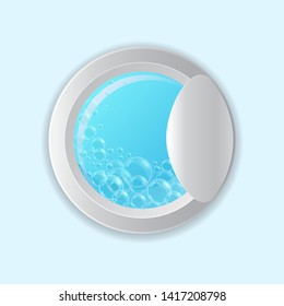 Vector realistic washing-machine door with soup bubbles isolated on white background. Laundry template. 3D illustration.