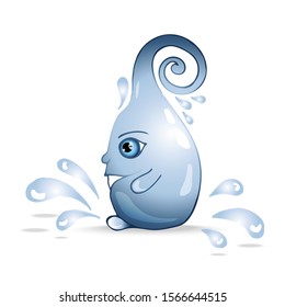 Vector realistic water drop with happy smiley face isolated on white. Water splash and shadow around it. 3d element design. Weather, rain drop character design. 