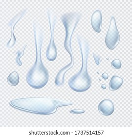 Vector realistic water drop set. Fresh liquid for organic food and drink design. Natural pure raindrop bubbles, condensation for natural design.