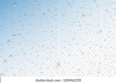 Vector realistic water drops condensed on transparent background. Rain droplets without shadows for transparent surface. Pure water bubbles isolated. Many forms and sizes.