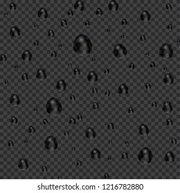 Vector realistic water drops condensed on black background. Macro aqua bubbles isolated on glass. Rain droplets without shadows for transparent surface. 