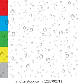 Vector realistic water drops condensed on diffrent backgrounds. Macro aqua bubbles isolated on glass. Rain droplets without shadows for transparent surface. 