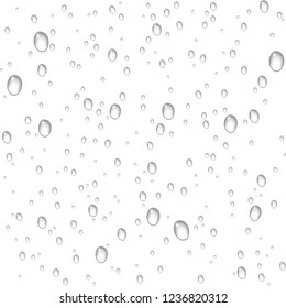Vector realistic water drops condensed on white backgrounds. Macro aqua bubbles isolated on glass. Rain droplets without shadows for transparent surface.