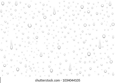 Vector Realistic Water Drops On White Background. Rain Drops Without Shadows For Transparent Surface. Many Forms And Sizes.