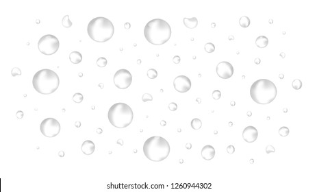 Vector realistic water drops on white background without shadows. Bubbles, rain, water, foam, oxygen or spray. Different shapes and sizes. 3D realistic, close-up.