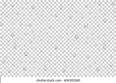 Vector realistic water drops on transparent background. Rain drops without shadows for transparent surface. Many forms and sizes