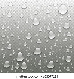 Vector realistic water drops on transparent background. Rain drops without shadows for transparent surface. Many forms and sizes. art