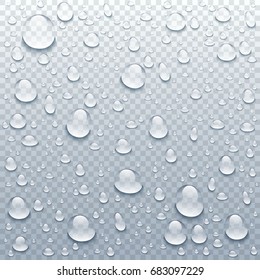 Vector realistic water drops on transparent background. Rain drops without shadows for transparent surface. Many forms and sizes. art
