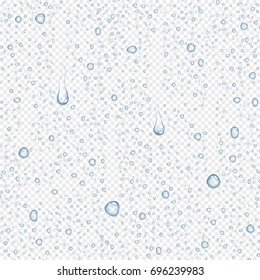 Vector realistic water drops on transparent background, abstract illustration.