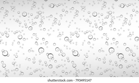 Vector realistic water, soda, transparent carbonated drink with bubbles close up illustration. CO sparklings on white isolated background. Poster, banner design element
