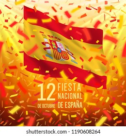 Vector realistic waving National flag of Spain. White, red, yellow design with blurred rays and colorful flying confetti. 12th october national day of Spain.