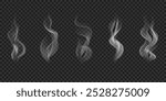 Vector realistic wavy mist, hot food steam, cigarette smoke. Set of white steam, haze, fume isolated on transparent backdrop